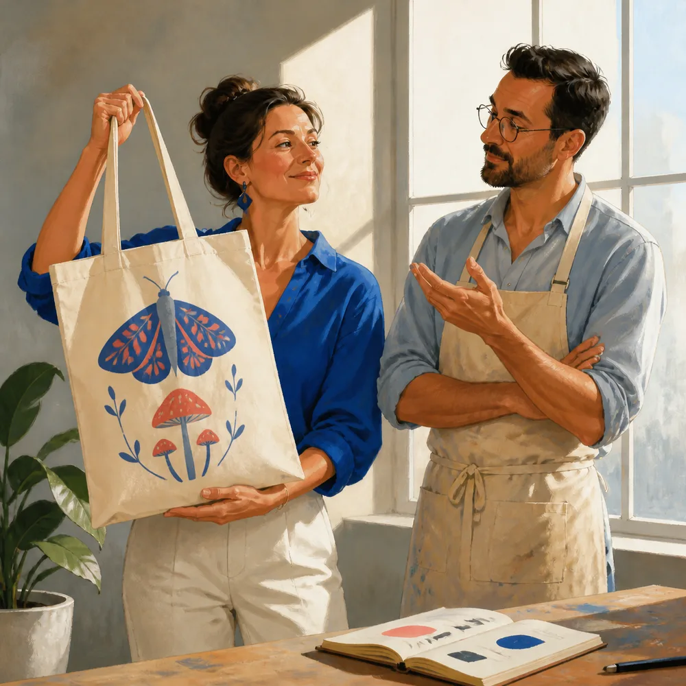 Illustration: Elias, a craftsman mentor in a canvas apron, beside a woman proudly holding a tote bag printed with her own moth and mushroom design